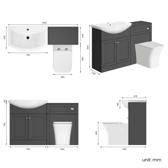 Capri Slate Grey Combination Vanity Basin and Houston Toilet 1350mm - Chrome Handles