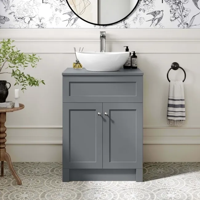 Milos Fog Grey Vanity with Oval Basin 600mm - Brushed Handles