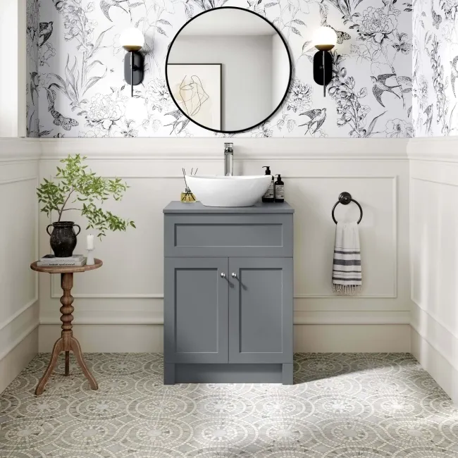 Milos Fog Grey Vanity with Oval Basin 600mm - Brushed Handles