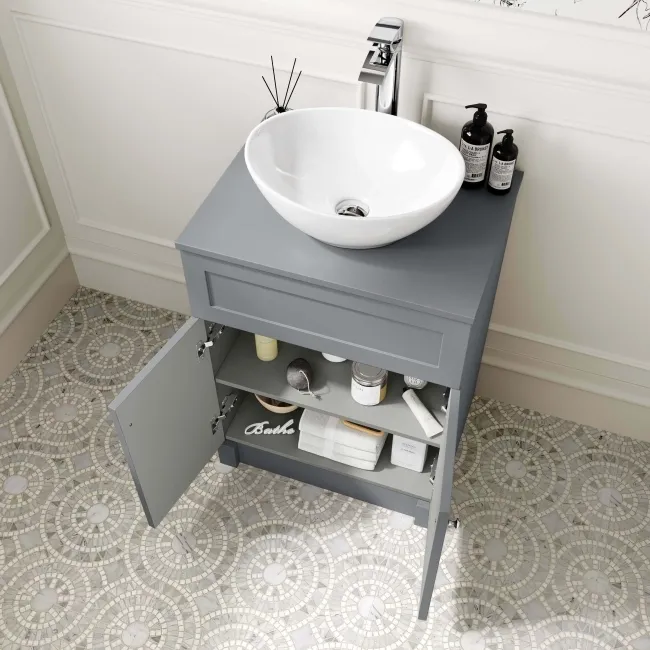 Milos Fog Grey Vanity with Oval Basin 600mm - Brushed Handles
