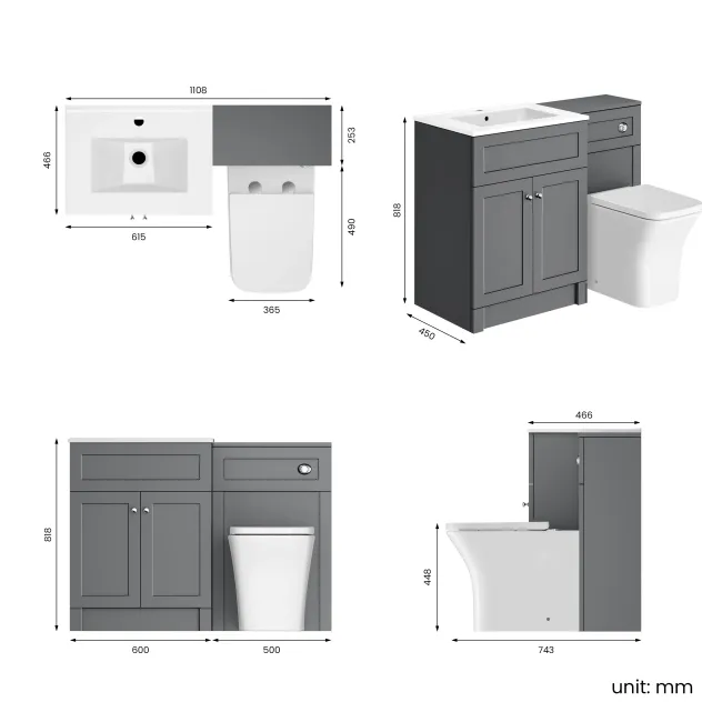 Milos Fog Grey Combination Vanity Basin and Houston Toilet 1100mm - Chrome Handles