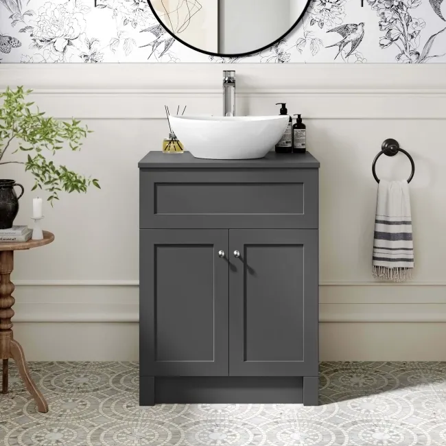 Milos Slate Grey Vanity with Oval Basin 600mm - Brushed Handles