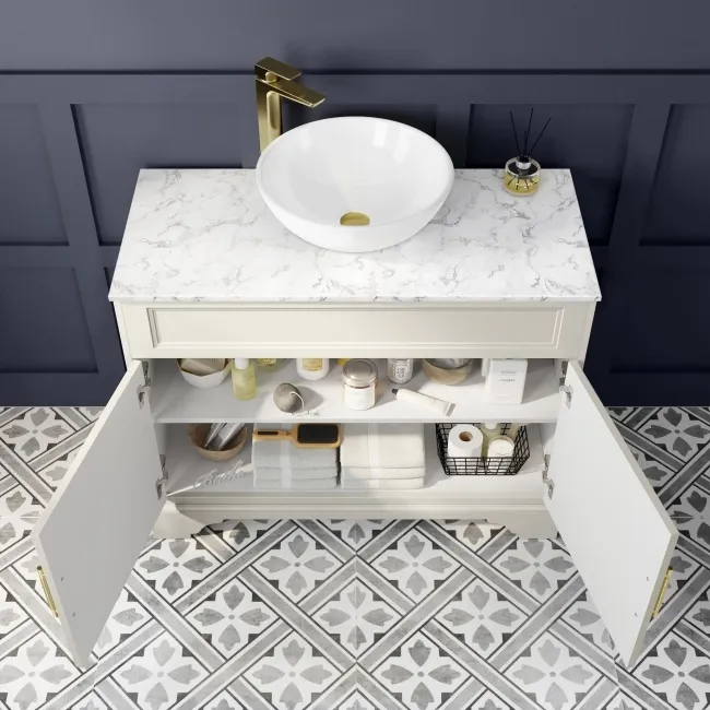 Lucia Chalk White Vanity with Marble Top & Round Counter Top Basin 1030mm - Brass Knurled Handles