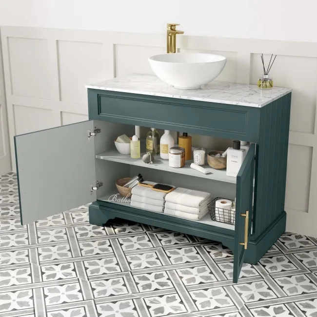 Lucia Midnight Green Vanity with Marble Top & Round Counter Top Basin 1030mm - Brass Knurled Handles