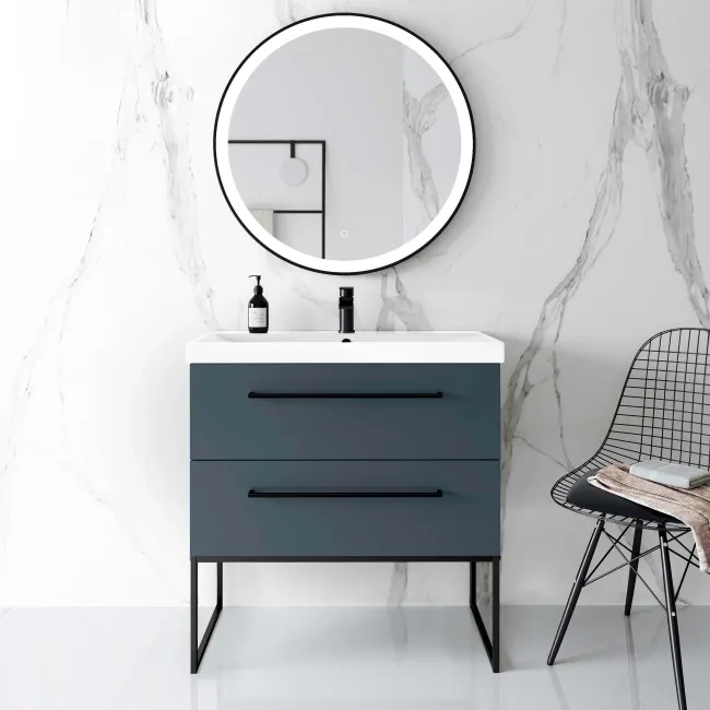 Elba Inky Blue Wall Hung Basin Drawer Vanity 800mm with Matt Black Stand