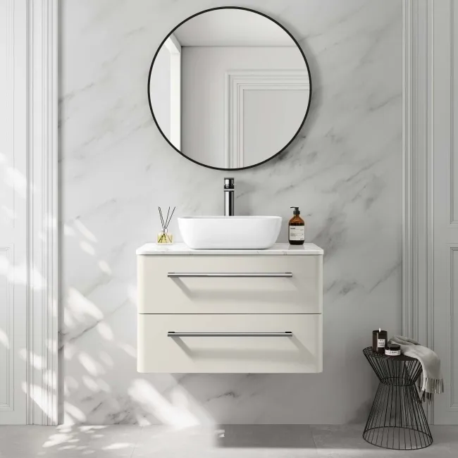 Omaha Linen White Wall Hung Drawer Vanity with Marble Top & Curved Counter Top Basin 800mm