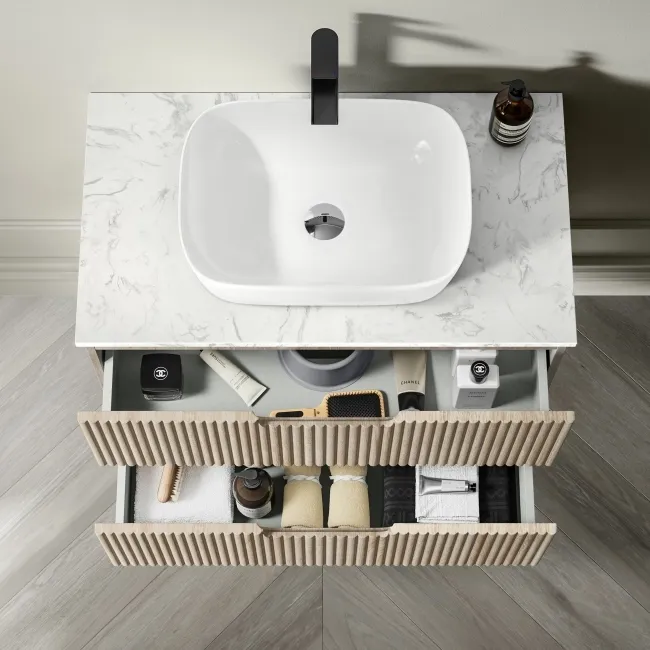 Crete Fluted Apex Oak Wall Hung Drawer Vanity with Marble Top & Curved Basin 800mm