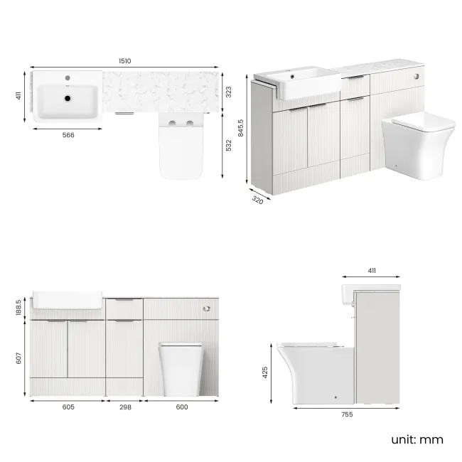 Sicily Fluted Coastal White Combination Vanity Basin with Marble Top & Houston Toilet 1500mm - Chrome Handles