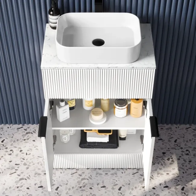 Havana Fluted Coastal White Cabinet with Marble Top & Marin Basin 600mm - Black Accents