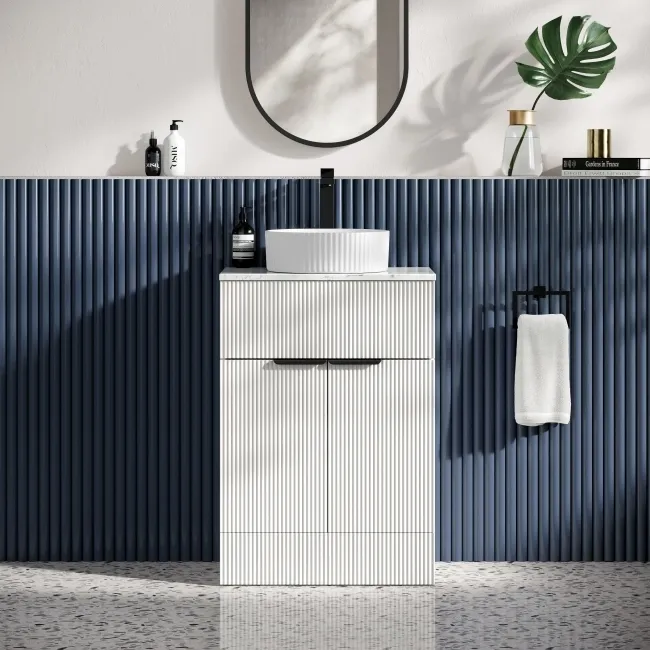 Havana Fluted Coastal White Cabinet with Marble Top & Nevis Basin 600mm - Black Accents