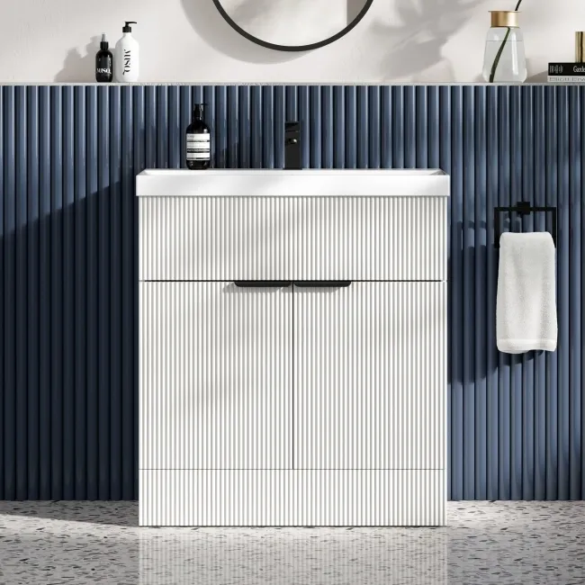 Havana Fluted Coastal White Basin Vanity 800mm - Black Accents