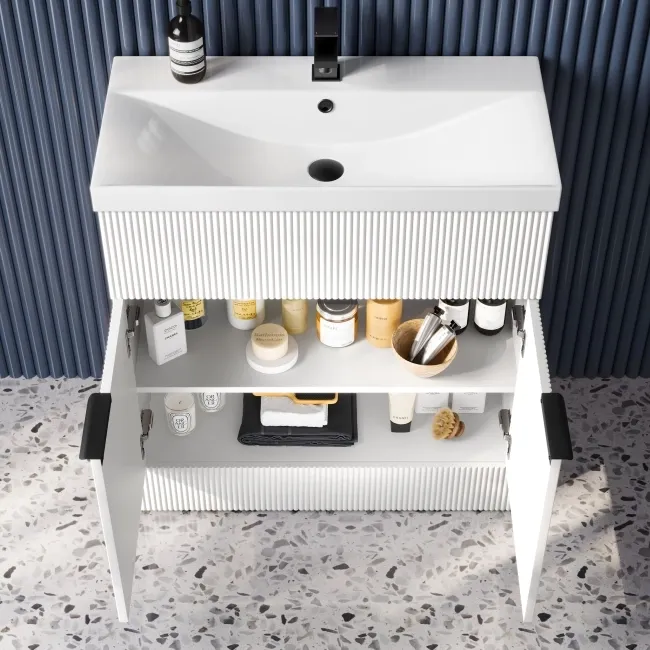 Havana Fluted Coastal White Basin Vanity 800mm - Black Accents