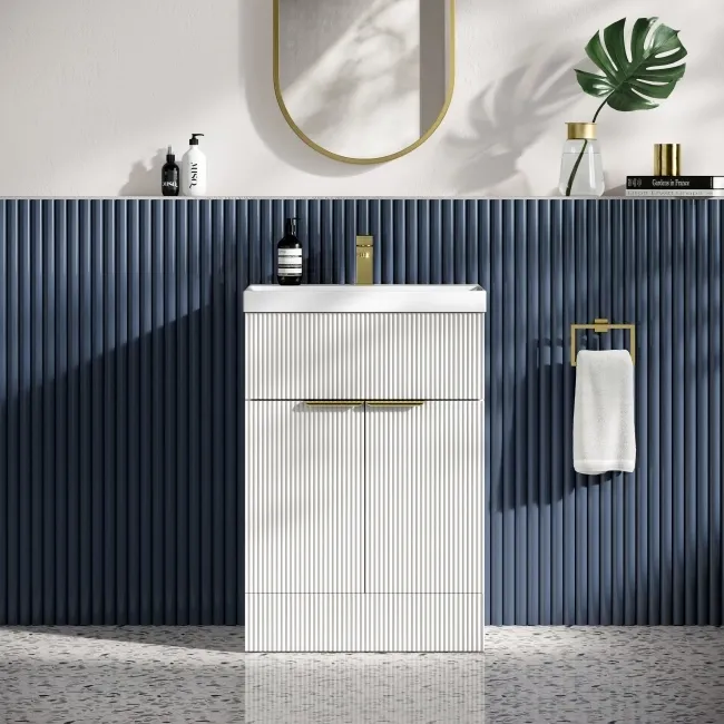 Havana Fluted Coastal White Basin Vanity 600mm - Brushed Brass Accents