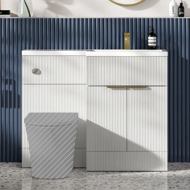 Havana Fluted Coastal White Basin Vanity and Back To Wall Toilet Unit 1100mm (Excludes Toilet) - Brushed Brass Accents - Right Handed