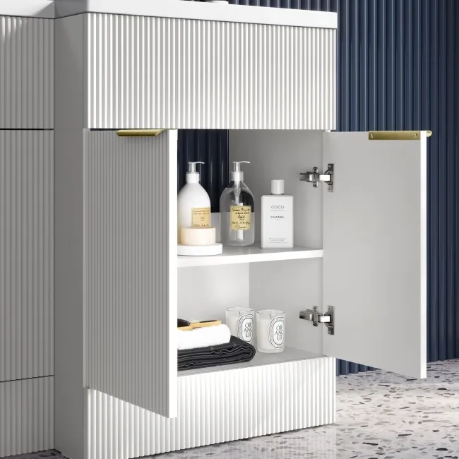 Havana Fluted Coastal White Basin Vanity and Back To Wall Toilet Unit 1100mm (Excludes Toilet) - Brushed Brass Accents - Right Handed