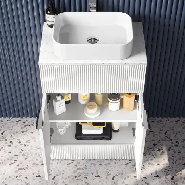 Havana Fluted Coastal White Cabinet with Marble Top & Marin Basin 600mm - Chrome Handles