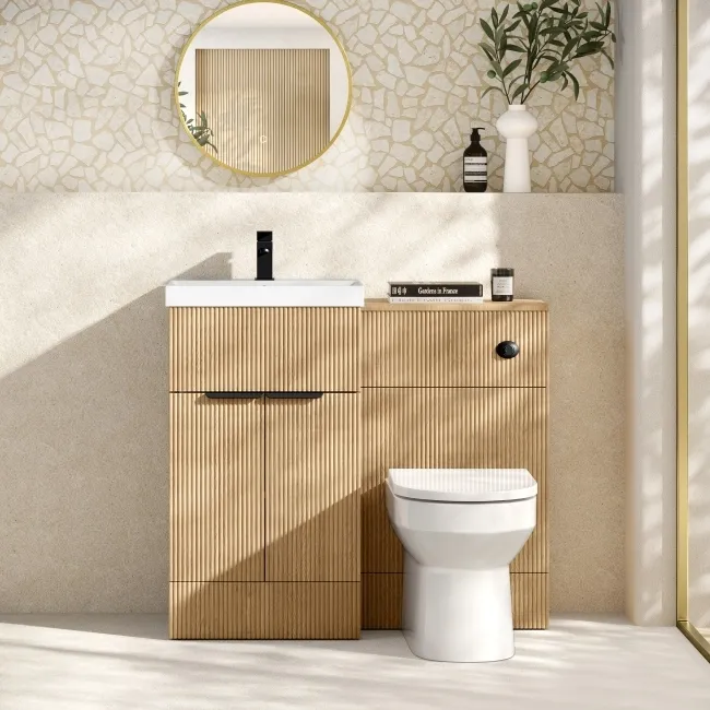 Havana Fluted Country Oak Combination Vanity Basin and Miami Toilet 1000mm - Black Accents