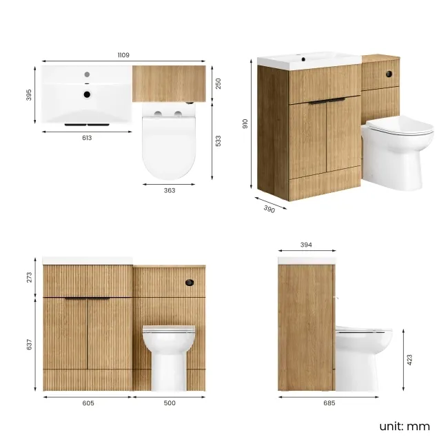 Havana Fluted Country Oak Combination Vanity Basin and Aruba Toilet 1100mm - Black Accents
