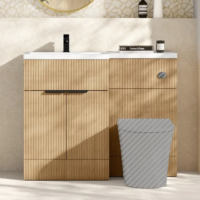 Havana Fluted Country Oak Basin Vanity and Back To Wall Toilet Unit 1100mm (Excludes Toilet) - Black Accents - Left Handed