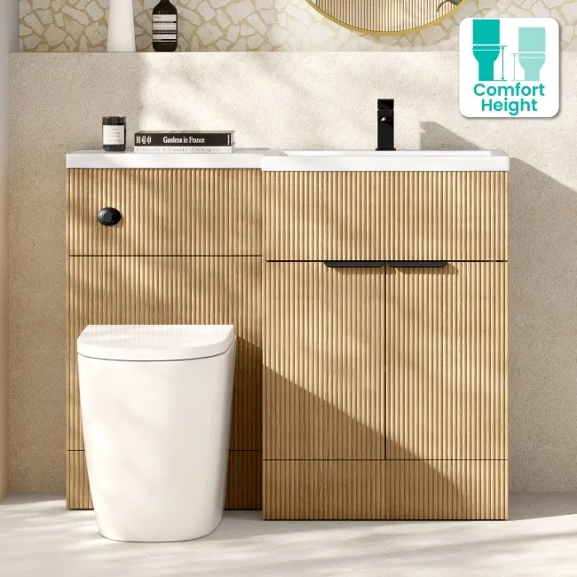 Havana Fluted Country Oak Combination Vanity Basin and Utah Comfort Height Toilet 1100mm - Black Accents - Right Handed