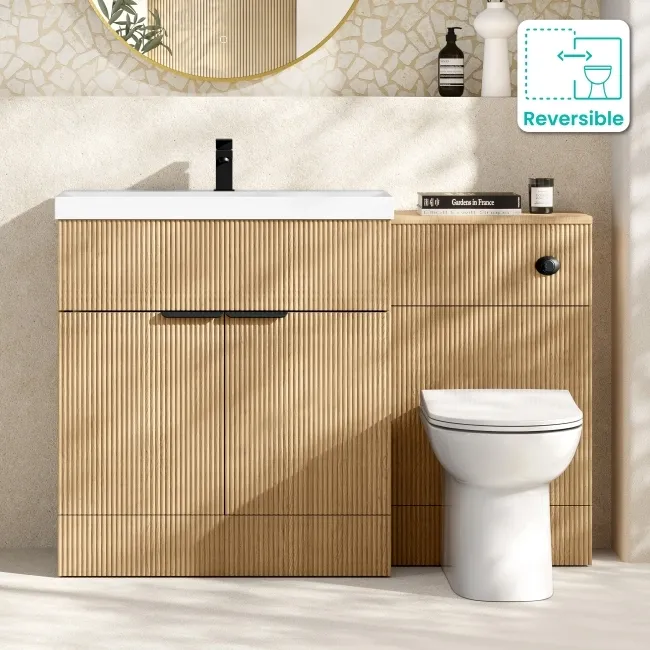Havana Fluted Country Oak Combination Vanity Basin and Aruba Toilet 1300mm - Black Accents