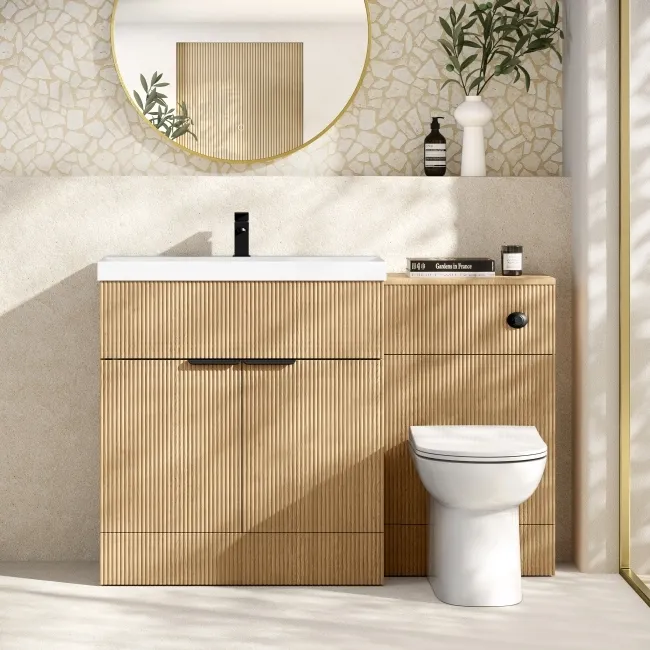 Havana Fluted Country Oak Combination Vanity Basin and Aruba Toilet 1300mm - Black Accents