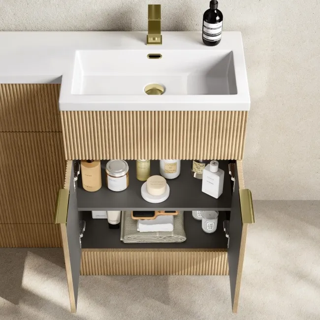Havana Fluted Country Oak Basin Vanity and Back To Wall Toilet Unit 1100mm (Excludes Toilet) - Brushed Brass Accents - Right Handed