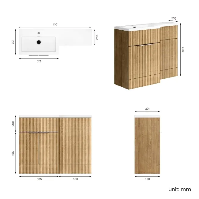 Havana Fluted Country Oak Basin Vanity and Back To Wall Toilet Unit 1100mm (Excludes Toilet) - Chrome Handles - Left Handed
