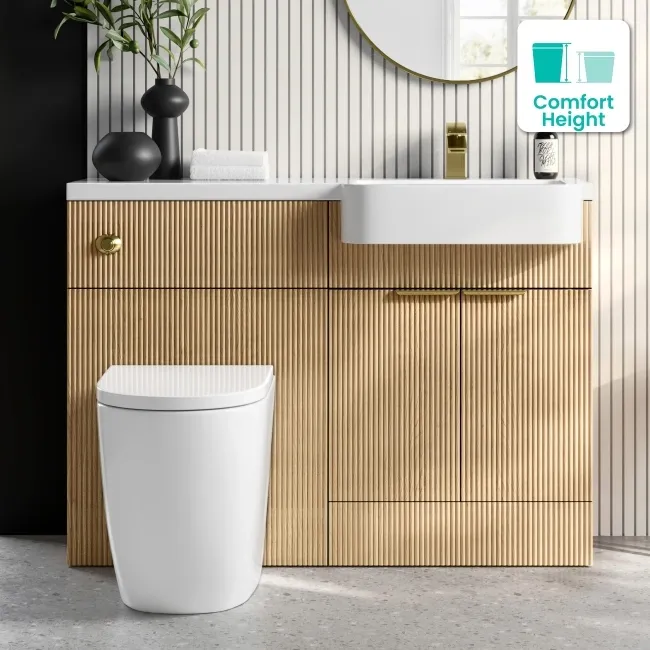 Sicily Fluted Country Oak Combination Vanity Basin and Utah Comfort Height Toilet 1200mm - Brushed Brass Accents - Right Handed