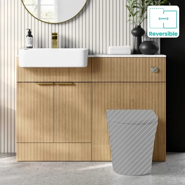 Sicily Fluted Country Oak Vanity with Marble Top & Back To Wall Unit 1200mm (Excludes Toilet) - Brushed Brass Accents