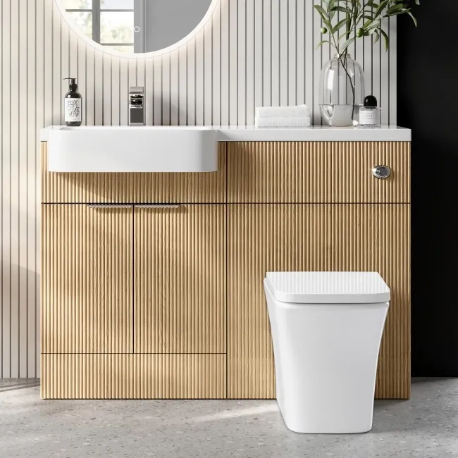 Sicily Fluted Country Oak Combination Vanity Basin and Houston Toilet 1200mm - Chrome Handles - Left Handed