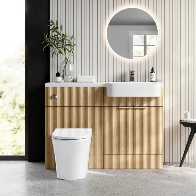 Sicily Fluted Country Oak Combination Vanity Basin and Tucson Toilet 1200mm - Chrome Handles - Right Handed