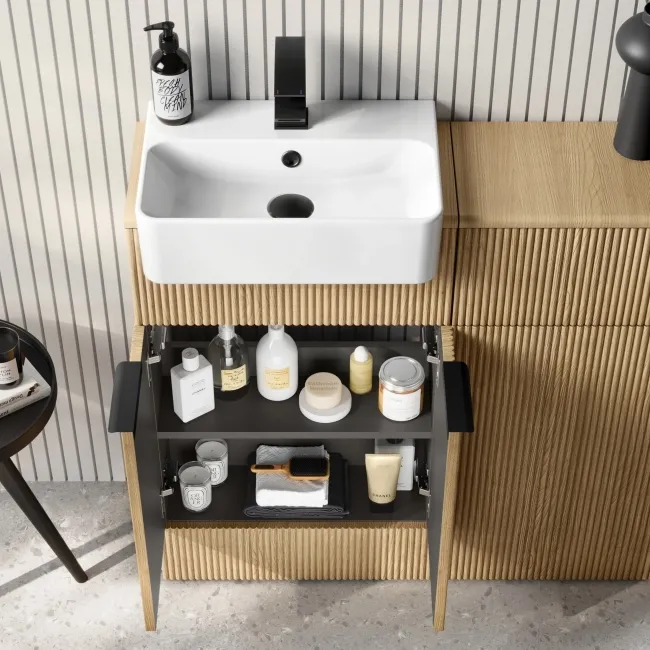 Sicily Fluted Country Oak Vanity and Back To Wall Toilet Unit 1000mm (Excludes Toilet) - Black Accents