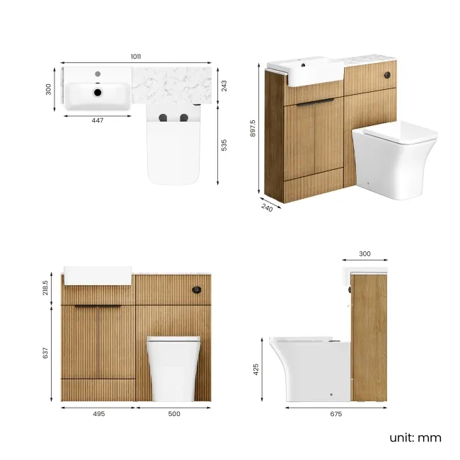 Sicily Fluted Country Oak Combination Vanity Basin with Marble Top & Houston Toilet 1000mm - Black Accents