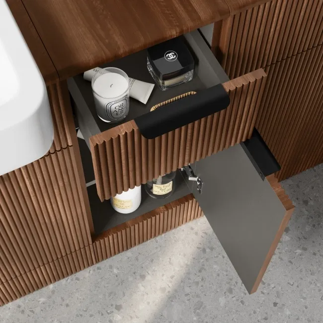 Sicily Fluted Black Walnut Side Cabinet Unit 300mm - Black Accents