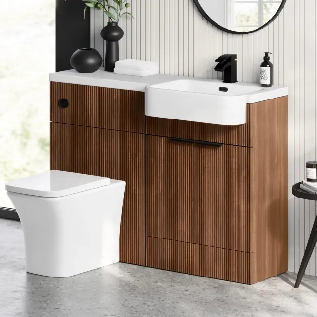 Sicily Fluted Black Walnut Combination Vanity Basin and Houston Toilet 1200mm - Black Accents - Right Handed