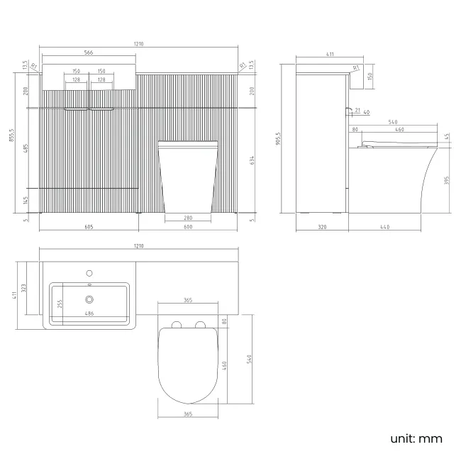 Sicily Fluted Black Walnut Combination Vanity Basin with Marble Top & Tucson Toilet 1200mm - Black Accents
