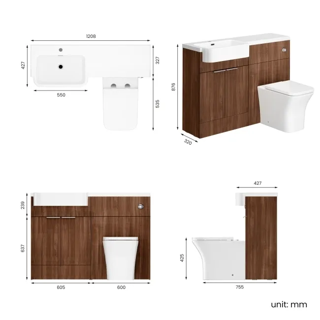 Sicily Fluted Black Walnut Combination Vanity Basin and Houston Toilet 1200mm - Chrome Handles - Left Handed