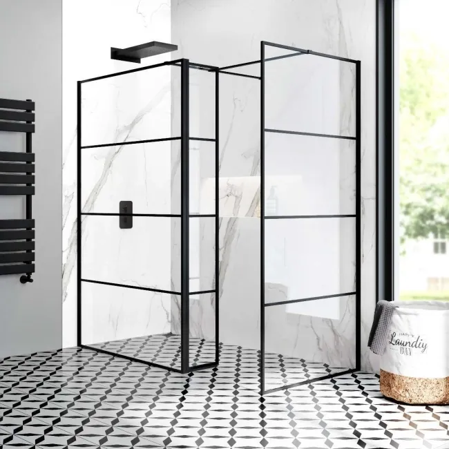 Munich Matt Black Grid 8mm Walk In Shower Enclosure 1200mm & 900mm Glass with Pivotal Return Panel