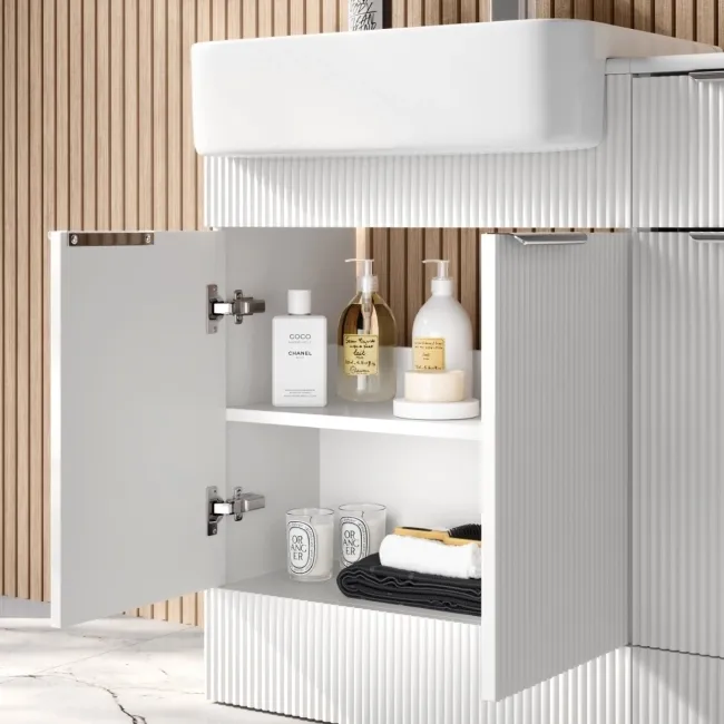 Sicily Fluted Coastal White Combination Vanity Basin 1500mm (Excludes Toilet) - Chrome Handles