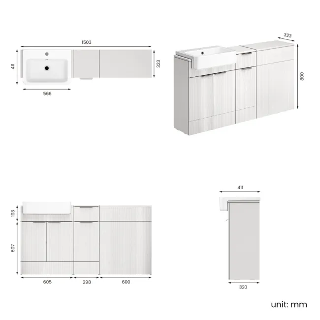 Sicily Fluted Coastal White Combination Vanity Basin 1500mm (Excludes Toilet) - Chrome Handles
