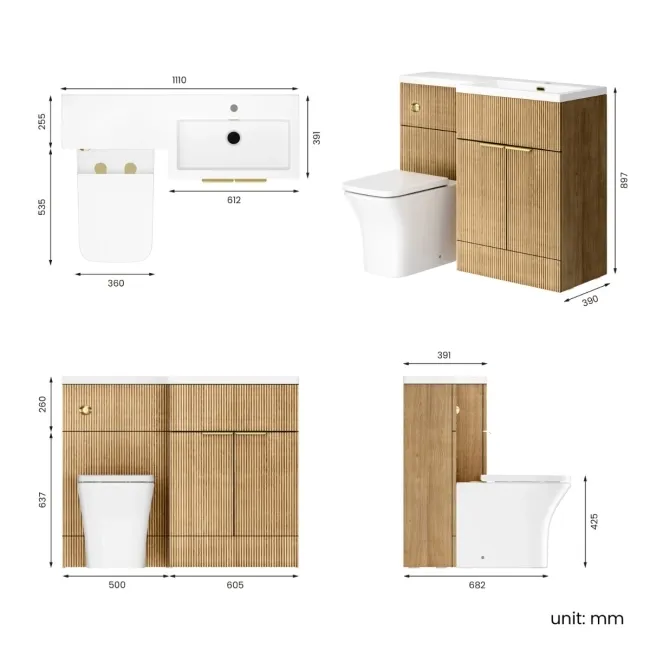 Havana Fluted Country Oak Combination Vanity Basin and Houston Toilet 1100mm - Brushed Brass Accents - Right Handed