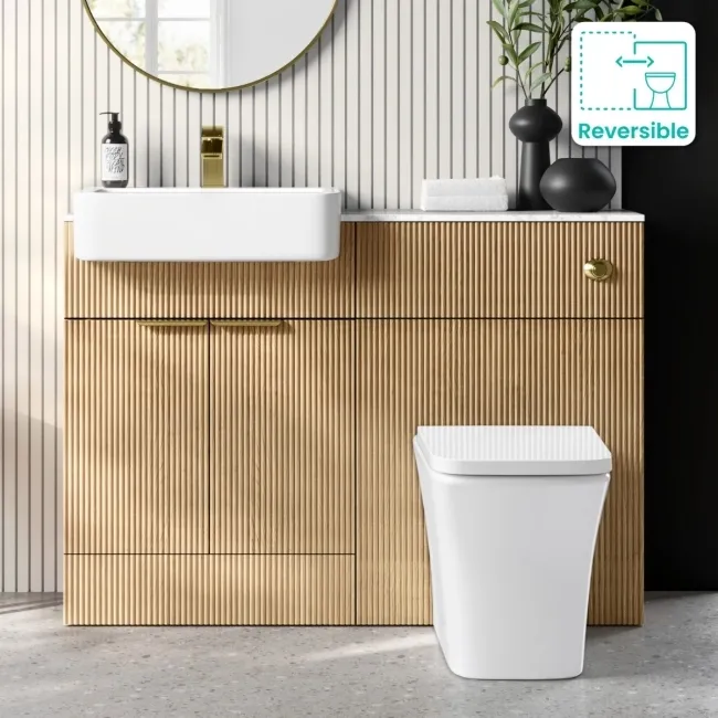 Sicily Fluted Country Oak Combination Vanity Basin with Marble Top & Houston Toilet 1200mm - Brushed Brass Accents