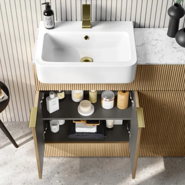 Sicily Fluted Country Oak Combination Vanity Basin with Marble Top & Houston Toilet 1200mm - Brushed Brass Accents