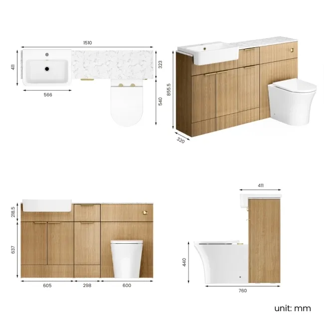 Sicily Fluted Country Oak Combination Vanity Basin with Marble Top & Tucson Toilet 1500mm - Brushed Brass Accents
