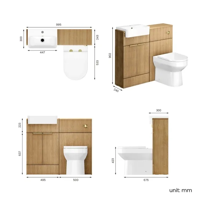 Sicily Fluted Country Oak Combination Vanity Basin and Miami Toilet 1000mm - Brushed Brass Accents