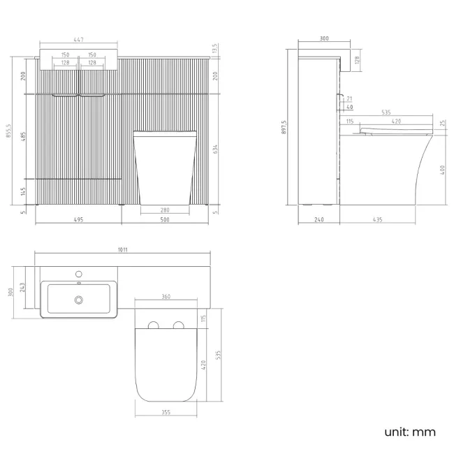 Sicily Fluted Country Oak Combination Vanity Basin with Marble Top & Houston Toilet 1000mm - Brushed Brass Accents