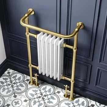 Gibraltar Medium Brushed Brass Traditional Heated Towel Radiator (With Overhanging Rail)