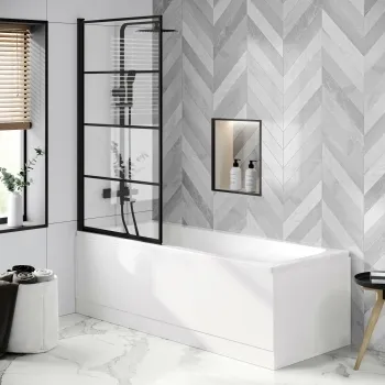 Hereford 1700x700 Square Shower Bath & 6mm Easy Clean Matt Black Grid Bath Screen