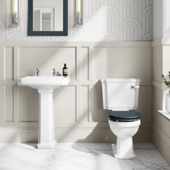 Hudson Traditional Toilet With Inky Blue Seat & Pedestal Basin Set - Double Tap Hole